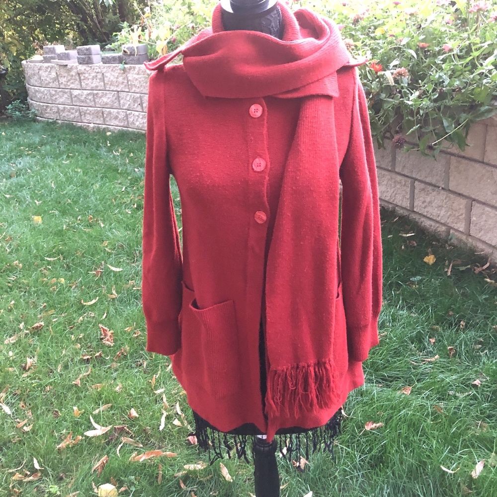 Vintage 70s Rust Cardigan Attached Scarf | Twee Librarian Core | Vegan Knit